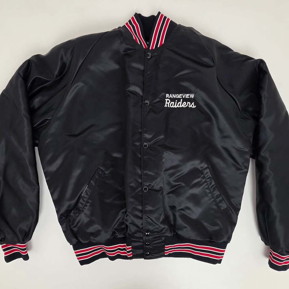 Vintage Neff Rangeview Raiders Satin Bomber Jacket XXL Black Quilted Made in USA
